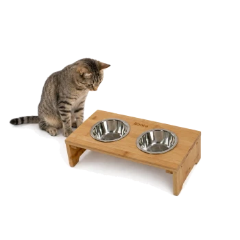 Getigerte Katze sitzt neben einem erhöhten doppelten Bambus-Futterspender mit zwei Edelstahlschalen und 'lionto'-Logo.