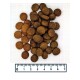 Ein Haufen runder, brauner Haustierfutterkibble auf einem weißen Hintergrund, mit einem Lineal darunter, das bis zu 7 Zentimeter misst.
