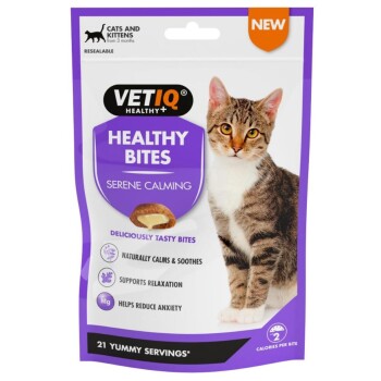 VetIQ Healthy Bites Serene Calming cat treats for cats and kittens, naturally calms, supports relaxation, reduces anxiety.