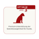 Rotes und weißes Grafikdesign mit einer Silhouette eines sitzenden Hundes, beschriftet mit "OPTIMUM LEVEL 3", mit Text, der Premium-Gelenkunterstützung für Hunde bewirbt.