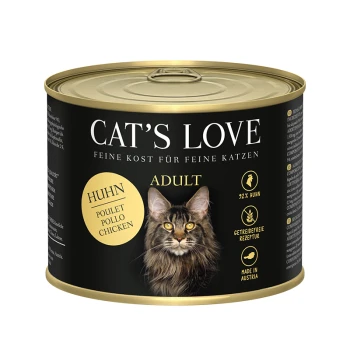 Boîte de nourriture pour chats Cat's Love, avec une étiquette noire et une image d'un chat Maine Coon, indiquant '92 % Huhn' et 'Fabriqué en Autriche.'