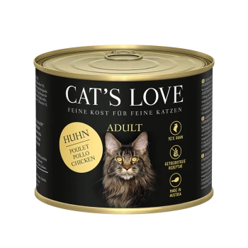 Boîte de nourriture pour chats Cat's Love, avec une étiquette noire et une image d'un chat Maine Coon, indiquant '92 % Huhn' et 'Fabriqué en Autriche.'