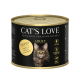 Dose Cat's Love Katzenfutter für Erwachsene, mit einem schwarzen Etikett und einem Bild einer Maine Coon Katze, das '92% Huhn' und 'Hergestellt in Österreich' angibt.