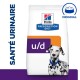 Sac de nourriture pour chiens Hill's Prescription Diet u/d, présentant un chien noir et blanc avec un collier bleu, étiqueté 'SANTÉ URINAIRE' et 'ORIGINAL.'