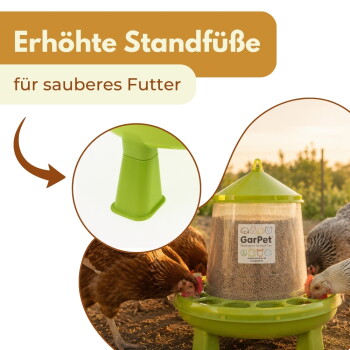 Grüner erhöhter GarPet-Futterspender für Geflügel mit fressenden Hühnern; Bannertext ‚Erhöhte Standfüße‘ und ‚für sauberes Futter‘