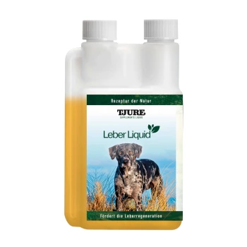 Flasche von TJURE Leber Liquid, einem Hundeleberpräparat, mit einem grünen Etikett, das die Leberregeneration fördert.
