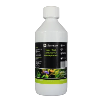 Flasche mit Silbermann Total Plant Dünger für Aquarienpflanzen, 500 ml, mit einem schwarzen Etikett, das Inhaltsstoffe und Anwendungshinweise enthält.