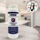 Weiße Flasche mit Aufschrift 'IPERON FLOHSCHUTZ PUDER', Flohpuder, durchgestrichenes Floh-Symbol, unscharfer Küchenhintergrund.