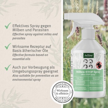 Milben-STOP Sprayflasche, die ihre Wirksamkeit gegen Milben und Parasiten hervorhebt, hergestellt aus ätherischen Ölen für umweltfreundliche Nutzung.