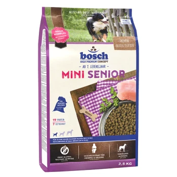 Bosch Mini Senior Hundefutterbeutel, geeignet für kleine Seniorenhunde, mit einem Hundebild, Nährwertinformationen und einem lila Design.