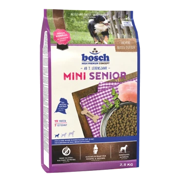Bosch Mini Senior Hundefutterbeutel, geeignet für kleine Seniorenhunde, mit einem Hundebild, Nährwertinformationen und einem lila Design.