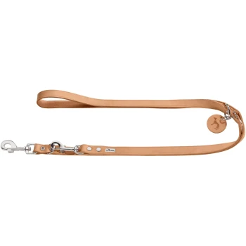 Eine hellbraune Leder-Hundeleine mit einem Metallclip und einem runden Anhänger mit einem Hundesilhouette, die ein schlankes Design zeigt.