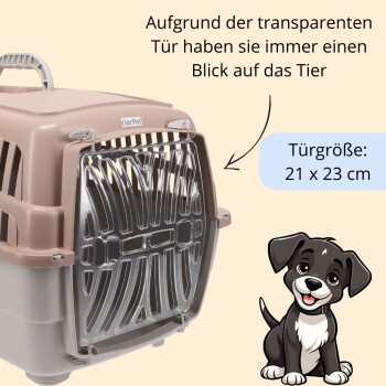 Beige-grauer GarPet-Träger mit durchsichtiger Fronttür, sichtbarer Text 'Türgröße: 21 x 23 cm', lächelnder Cartoon-Welpe.
