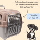 Beige-grauer GarPet-Träger mit durchsichtiger Fronttür, sichtbarer Text 'Türgröße: 21 x 23 cm', lächelnder Cartoon-Welpe.