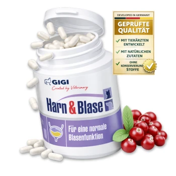 Behälter mit "Harn & Blase" Haustierkapseln (14) mit Cranberries und grünen Blättern. Text: "Für eine normale Blasenfunktion."