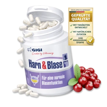 Behälter mit "Harn & Blase" Haustierkapseln (14) mit Cranberries und grünen Blättern. Text: "Für eine normale Blasenfunktion."