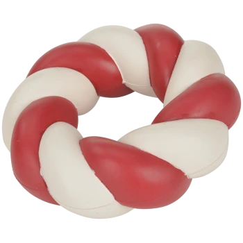 Jouet à mâcher pour chien en caoutchouc torsadé rouge et blanc en forme de beignet tressé, aucun texte visible