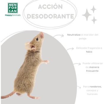 Eine stehende Maus auf einem hellgrauen Hintergrund, die ein Haustier-Deodorantprodukt bewirbt, das Gerüche neutralisiert und einen Talkduft hat.