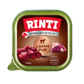 RINTI Singlefleisch Lamm Pur 150g Hundefutter mit Lammfleischstücken, gekennzeichnet als getreidefrei und Single-Protein.