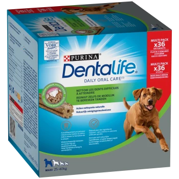 Boîte de friandises Purina Dentalife Daily Oral Care pour chiens, pack multiple de 36 bâtonnets, pour chiens de 25-40 kg, avec action nettoyante naturelle.