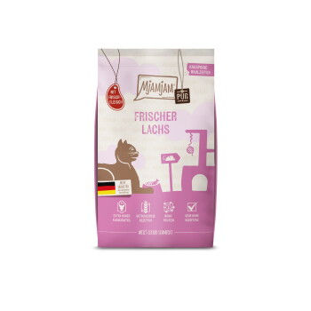 Rosa Mjamjam Pur Katzenfuttertüte mit Katzensilhouette und Kratzbaum, beschriftet mit „Frischer Lachs“ und „Mit Frisch-Fleisch“