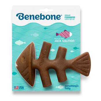 Medium fish-shaped dog chew toy by Benebone, flavored with jack salmon, with a light brown color and packaging featuring aqua waves.