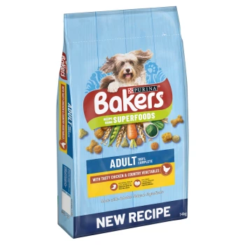 Bakers dog food bag featuring a small dog on the front, labeled "Adult 100% Complete" with "New Recipe" and "Superfoods" text.