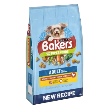 Bakers dog food bag featuring a small dog on the front, labeled "Adult 100% Complete" with "New Recipe" and "Superfoods" text.