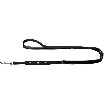 Schwarze Hundeleine mit drei silbernen Sternverzierungen entlang des Riemens, mit einem stabilen Metallclip zur Befestigung.