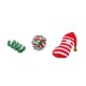 Three Christmas-themed pet toys: green spiral, red-green-white pom-pom, and red-striped stocking with bell and snowflake.