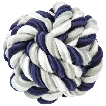 A colorful dog toy made of twisted rope in navy blue, gray, and white, shaped like a ball.