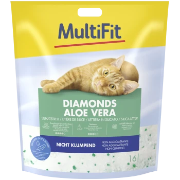 MultiFit Diamonds Aloe Vera silica kattenbakvulling, niet klonterend, met een oranje kat liggend op de verpakking.