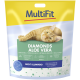 MultiFit Diamonds Aloe Vera Silikat Katzenstreu, nicht klumpend, mit einer orangefarbenen Katze, die auf der Verpackung liegt.