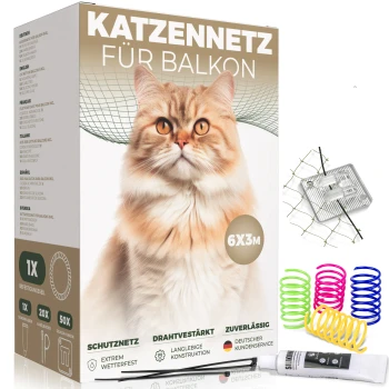 Eine Box mit Balkon-Katzennetz mit einer flauschigen roten Katze auf der Vorderseite, mit mehrsprachigem Text und enthaltenem Zubehör.