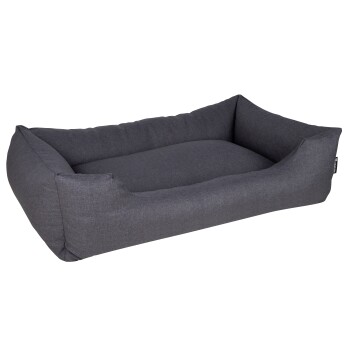 Grau Haustierbett mit erhöhten Seiten und einem weichen, gepolsterten Innenraum, entworfen für Komfort und Unterstützung.