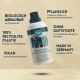 Flasche mit Hundekleidungswaschmittel, beschriftet mit "Waschmittel für Hundekleidung," mit umweltfreundlichen Ansprüchen, vegan und in Deutschland hergestellt.