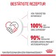 Deutsche Haustier-Infografik: Überschrift 'BESTÄTIGTE REZEPTUR', Handschlag-Symbol, 'VON TIERÄRZTEN ENTWICKELT', Angaben '100%' und '90%'