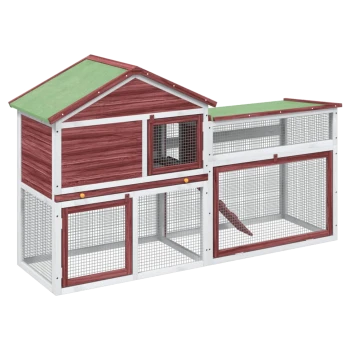 Holzhaustierhaus mit grünem Dach, mehreren Fächern und Drahtgitterpaneelen für Belüftung und Sichtbarkeit.