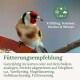Vogel mit rotem, weißem und schwarzem Kopf auf einem Stein-Futterspender mit Samen, deutscher Text über alle Jahreszeiten.