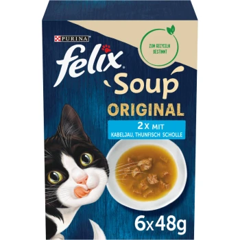 Soup Suppe 6x48g Kabeljau, Thunfisch, Scholle Felix Soup Original Katzenfutterverpackung mit einer verspielten schwarz-weißen Katze, einer Schüssel Suppe und dem Text "2x Kabeljau, Thunfisch Scholle, 6x48g".
