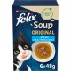 Opakowanie karmy dla kotów Felix Soup Original z zabawnym czarno-białym kotem, miską z zupą i tekstem "2x Kabeljau, Thunfisch Scholle, 6x48g".