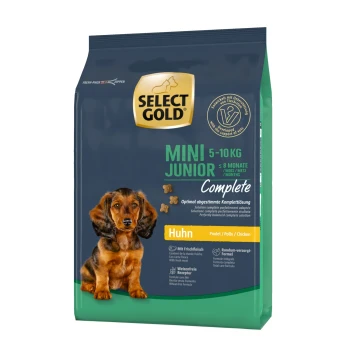 Select Gold Mini Junior dog food bag, suitable for puppies 5-10 kg, with chicken as the main ingredient, labeled "Complete."
