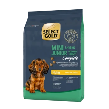 Select Gold Mini Junior Hundefutterbeutel, geeignet für Welpen von 5-10 kg, mit Huhn als Hauptzutat, beschriftet mit "Vollständig."