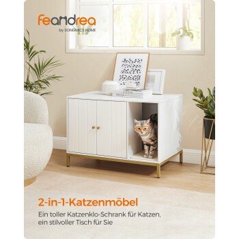 Ein stilvolles 2-in-1-Katzenmöbelstück mit einer versteckten Katzentoilette und einer Tischplatte, aus der eine Katze herausspäht.