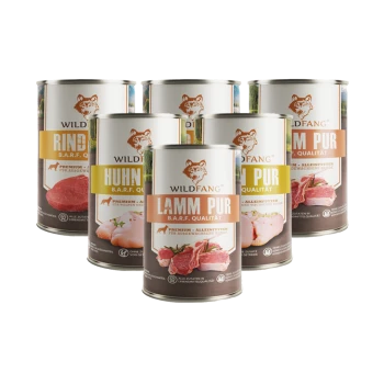 Dosen Wildfang B.A.R.F. Qualität Premium-Hundefutter in verschiedenen Geschmacksrichtungen, darunter Lamm, Huhn und Rind.