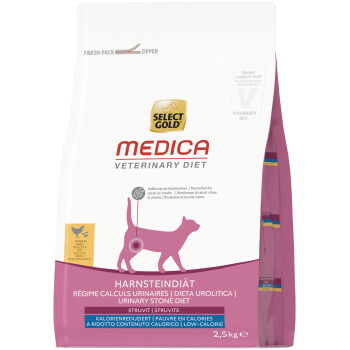 Zak Select Gold Medica Veterinary Diet — Urinary Stone (struviet), kattensilhouet met markering van de blaas, 2,5 kg.