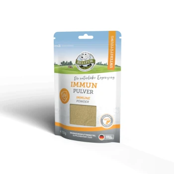 Eine Packung Bellfor Immune Powder für Haustiere, mit einem hellblauen und weißen Design und dem Text "IMMUN PULVER" und "100% natürlich."