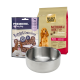 Eine Edelstahlschüssel für Hunde vor "Premiere I Love My Dog Bonies" Leckerlis und "Select Gold Medium Adult Sensitive" Trockenfutter.