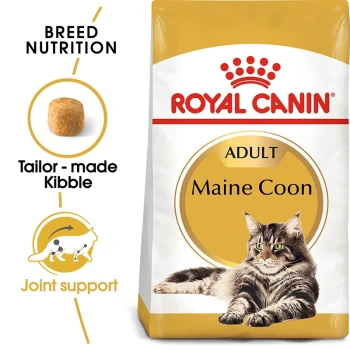 Royal Canin Adult Maine Coon cat food bag featuring a Maine Coon cat image, with text highlighting breed nutrition and joint support.