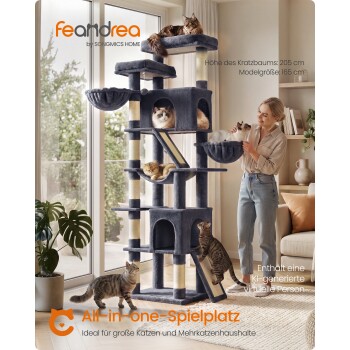 Grauer mehrstöckiger Kratzbaum mit mehreren Katzen und einer Frau; sichtbarer Text 'feandrea', 'All-in-one-Spielplatz', Höhe 205 cm.